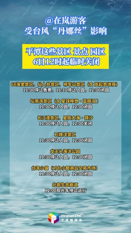 @在嵐游客，受臺風“丹娜絲”影響，平潭這些景區(qū)景點園區(qū)6日12時起臨時關(guān)閉！